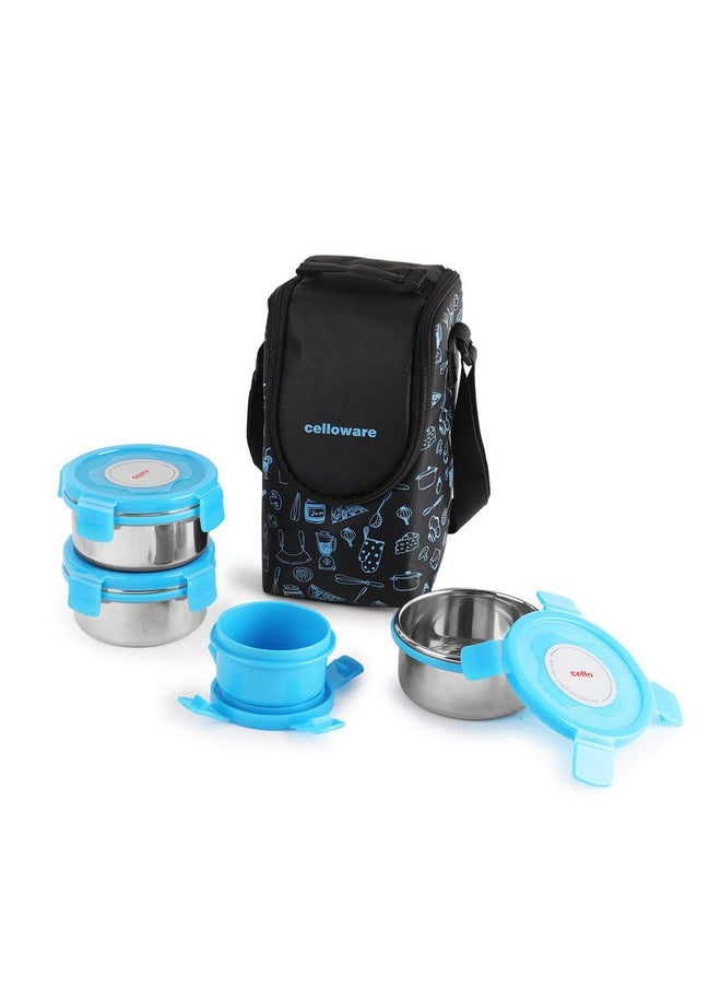 CELLO MF Click Lunch Box Set with Bag, 4 Containers, 300ml, Blue | Tiffin Box Outer Plastic Inner Steel with Bag | Leakproof Lunch Boxes with Jacket | Ideal for Office, School, College