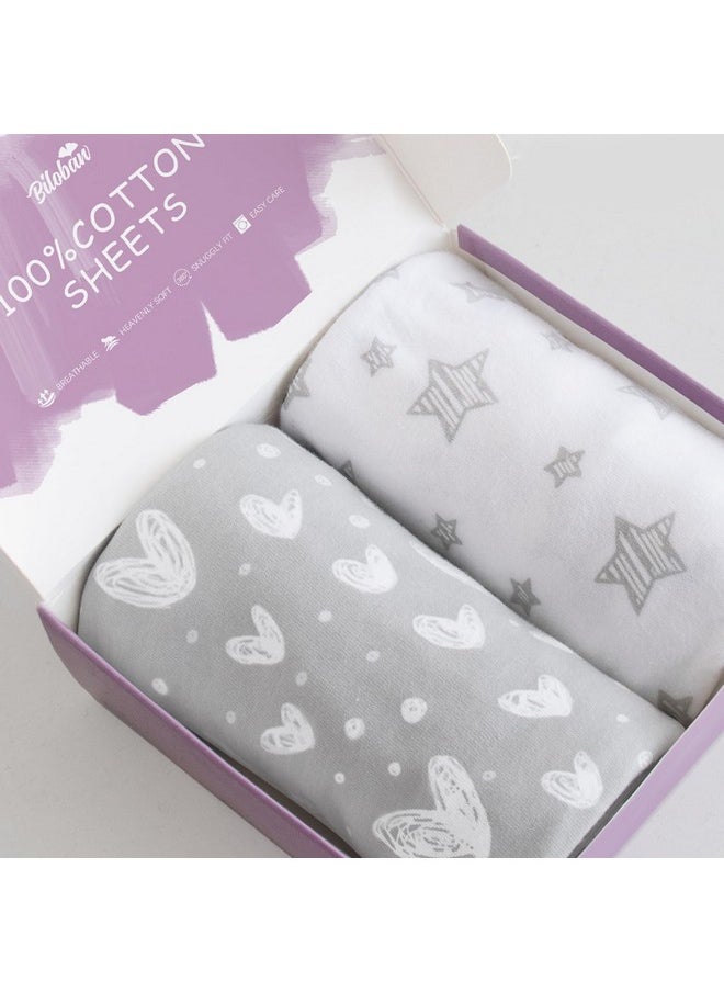 Bassinet Sheets Compatible with AirClub, GoFirst and MiClassic Bassinet Bedside Sleeper, 2 Pack,100% Jersey Knit Cotton Fitted Sheets, Mild Grey Hearts and White Stars Print