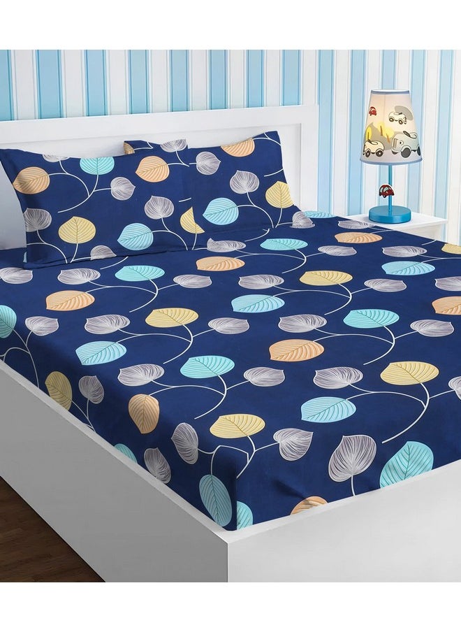 BSB HOME 100% Cotton Abstract Print Mix N Match Double Bed Sheet with 2 Pillow Covers for Queen Bed, Blue and White