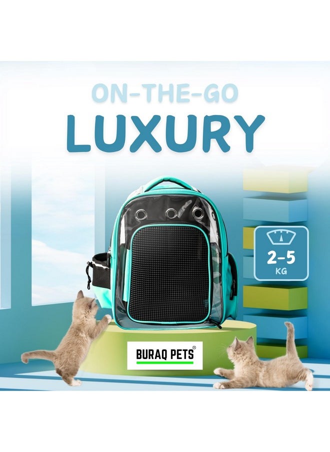 Buraq Pets Explorer Pet Carrier Backpack, Designed with Breathable Space, Ventilated,Ideal Cat House, Portable Cat Bag, Secure and Comfortable Cat Carrier Travel Bag for Outdoor Use (Sea - Green)