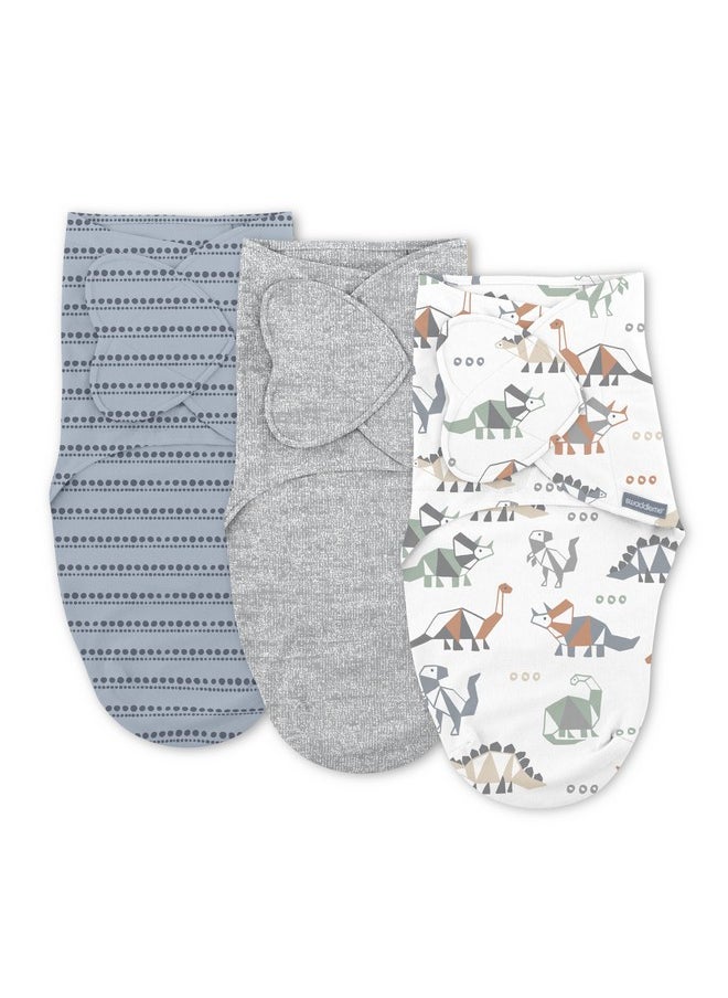 Ingenuity SwaddleMe Monogram Collection Baby Swaddle, 100% Cotton, Improves Sleep & Calms Startle Reflex, 0-3 Months, Pocket Fold Design for Easy Changes, 1.0 TOG, 3-Pack - Dino Mite