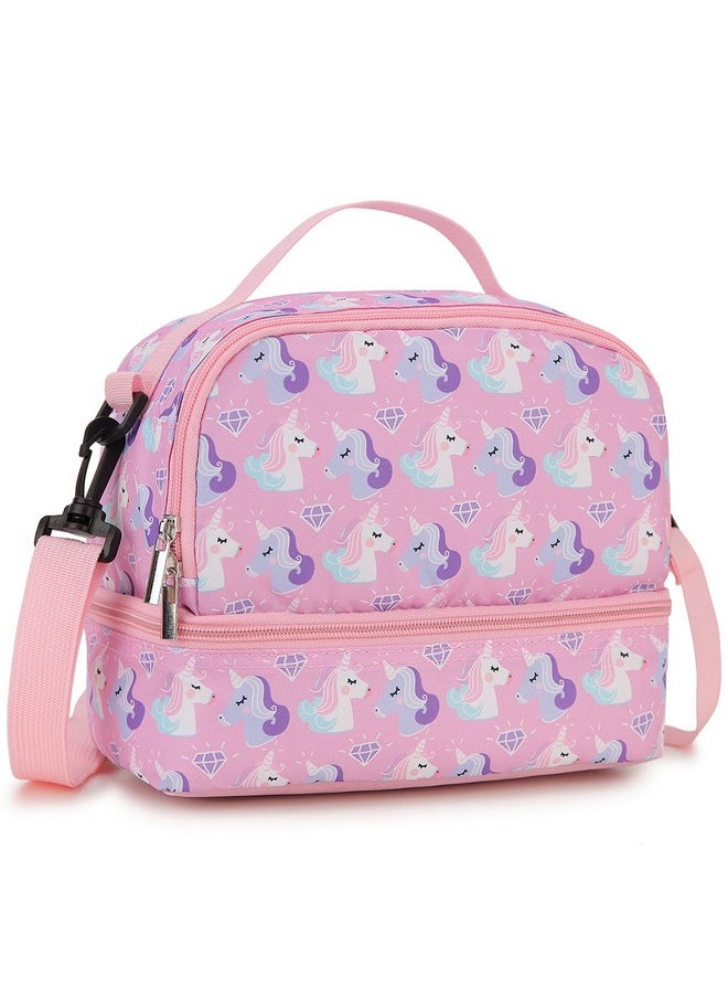 Lunch Bag for Girls, Insulated Lunch Box Cute Thermal Lunch Tote Bag with Dual Compartment and Removable Shoulder Strap,Pink Unicorn VONXURY