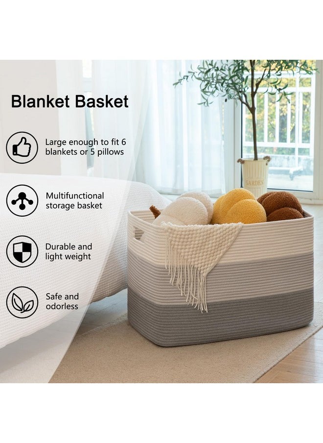 OIAHOMY 108L Super Large Blanket Basket, 25”x16”x16” Rectangle Woven Baskets for Storage, Cotton Rope Basket For Living Room, Toy Basket with Handle, Basket for Organizing - Gradient Grey