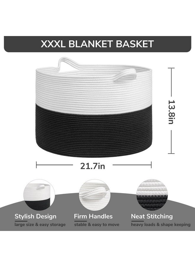 INDRESSME Large Cotton Rope Baskets for Storage, 21.7 x 13.8 Blanket Storage for Living Room Toy Baskets Storage Kids, Baby Laundry Basket for Dirty Clothes, Pillows, 90L White & Black