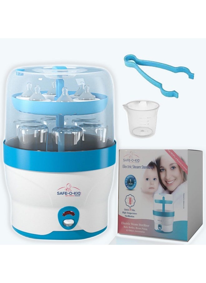 Safe-O-Kid® 6 Bottles Advanced Sterilizer with 1 Year Manufacturer Warranty, Large Capacity, Steam Sterilizer for Feeding Bottles, Assessories, Breast Pumps, Teats, BPA free products, Auto Shut with Advanced Uniform Heat Distribution technology to eliminate 99.9999 (maximum possible) Germs (Bacteria,Viruses etc) - Blue