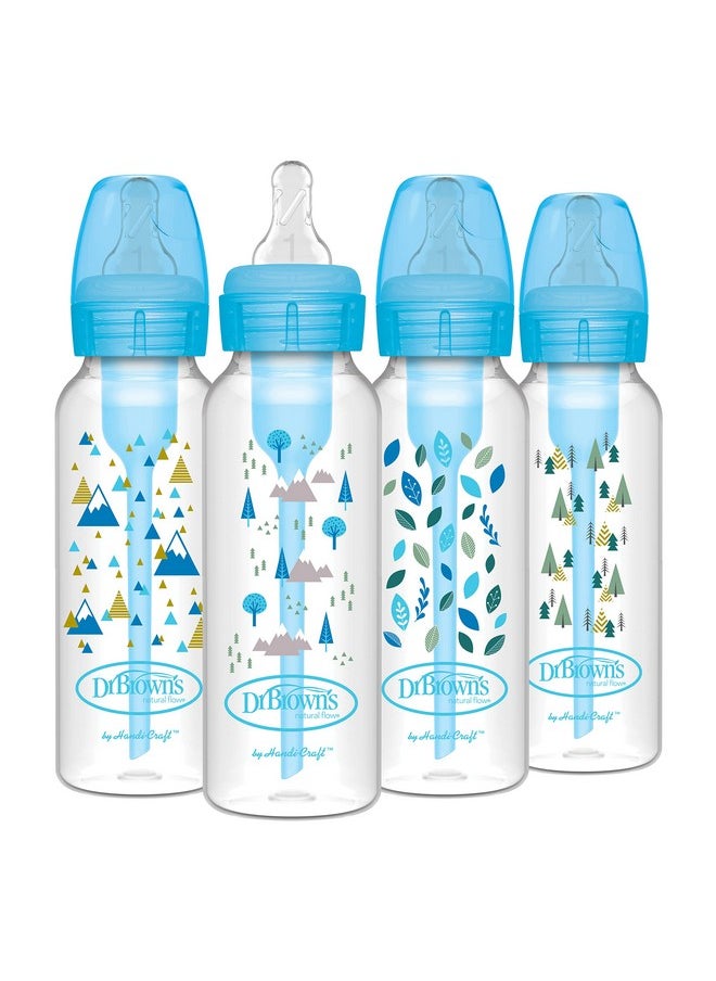 Dr. Brown's Natural Flow Anti-Colic Options+ Narrow Baby Bottle, Blue Nature, 8 oz/250 mL, with Level 1 Slow Flow Nipples, 0m+, 4 count (Pack of 1)