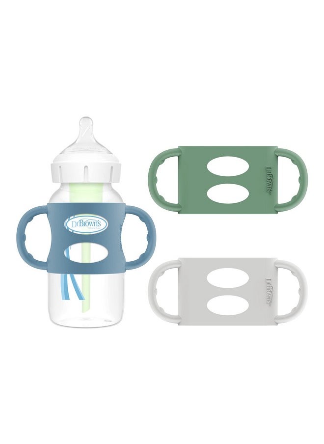 Dr. Brown's Milestones 100% Silicone Baby Bottle Handles, Wide-Neck, Removable Easy-Grip Transitional Sippy Cup Handles, Light Blue, Green, Gray, 4m+, 3 Pack