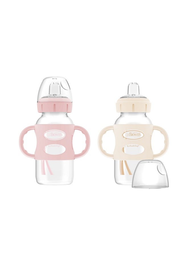 Dr. Brown's Milestones Wide-Neck Sippy Spout Bottle with 100% Silicone Handles, Easy-Grip Handles with Soft Sippy Spout, 9oz/270mL, Light-Pink & Ecru, 2-Pack, 6m+