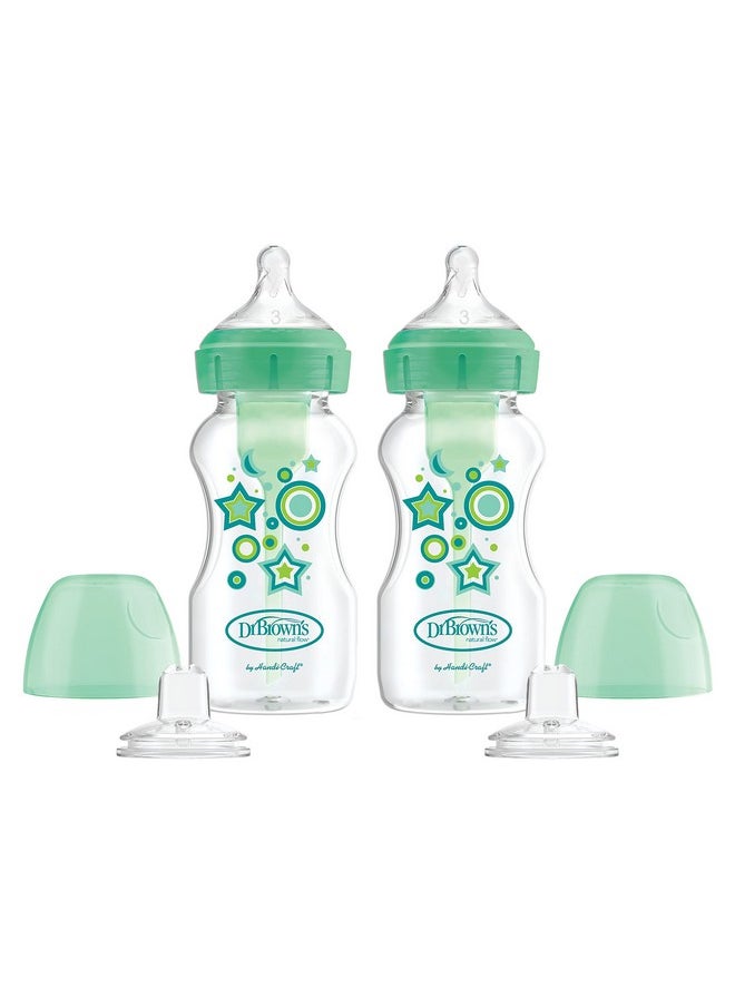 Dr. Brown’s Anti-Colic Options+ Wide-Neck Sippy Bottle Starter Kit, 9oz/270mL, with Level 3 Medium-Fast Flow Nipple and Soft 100% Silicone Sippy Spout, Green, BPA Free, 6m+, 2 Pack