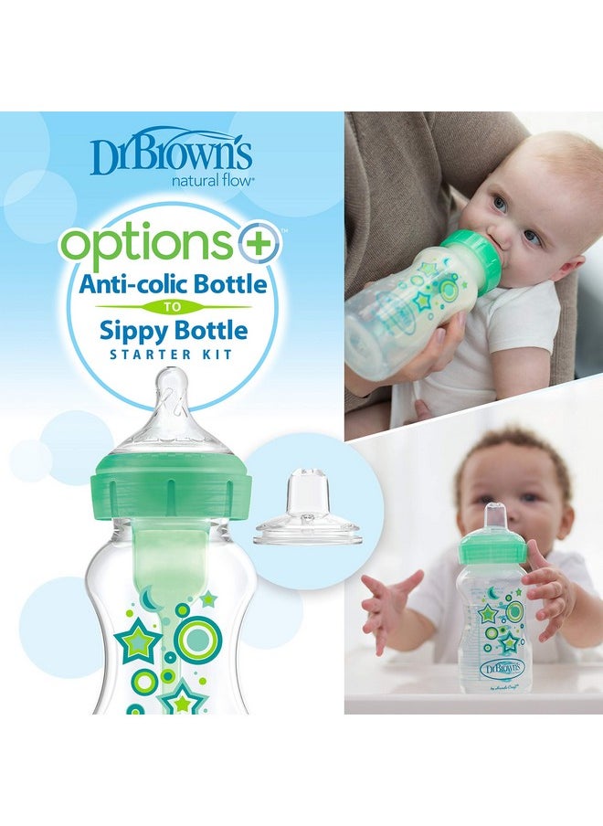 Dr. Brown’s Anti-Colic Options+ Wide-Neck Sippy Bottle Starter Kit, 9oz/270mL, with Level 3 Medium-Fast Flow Nipple and Soft 100% Silicone Sippy Spout, Green, BPA Free, 6m+, 2 Pack