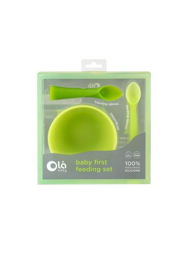 Olababy 3 Piece Parent Led and Baby Led Weaning First Feeding Set, Includes Training Spoon, Feeding Spoon and Steambowl