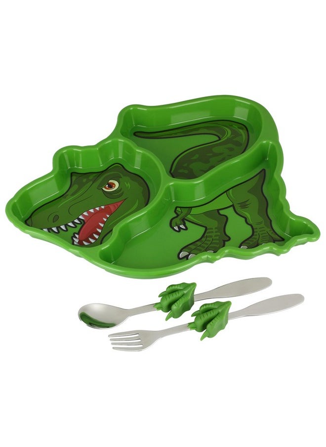 Funwares Engaging Green T-Rex Dinosaur Themed Kids' Dinnerware Set: Durable, Divided Plate, Ideal for Picky Eaters, Educational Mealtime, Easy Cleaning, Gift for Toddlers
