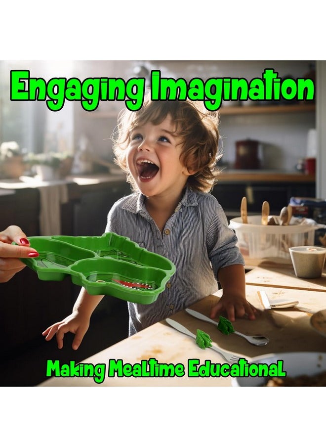 Funwares Engaging Green T-Rex Dinosaur Themed Kids' Dinnerware Set: Durable, Divided Plate, Ideal for Picky Eaters, Educational Mealtime, Easy Cleaning, Gift for Toddlers
