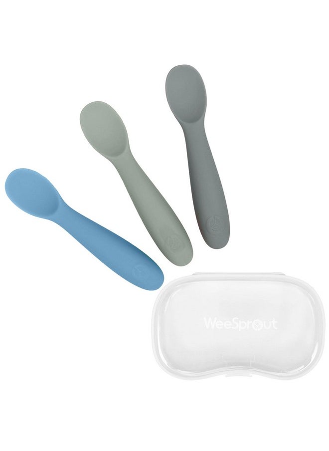 WeeSprout Baby Spoons for Self Feeding 6 Months +, Soft & Durable Silicone Utensils for Sensitive Gums & Teeth, Easy Grip Handles & Shorter Length for Little Hands, 3 Pack + Carrying Case