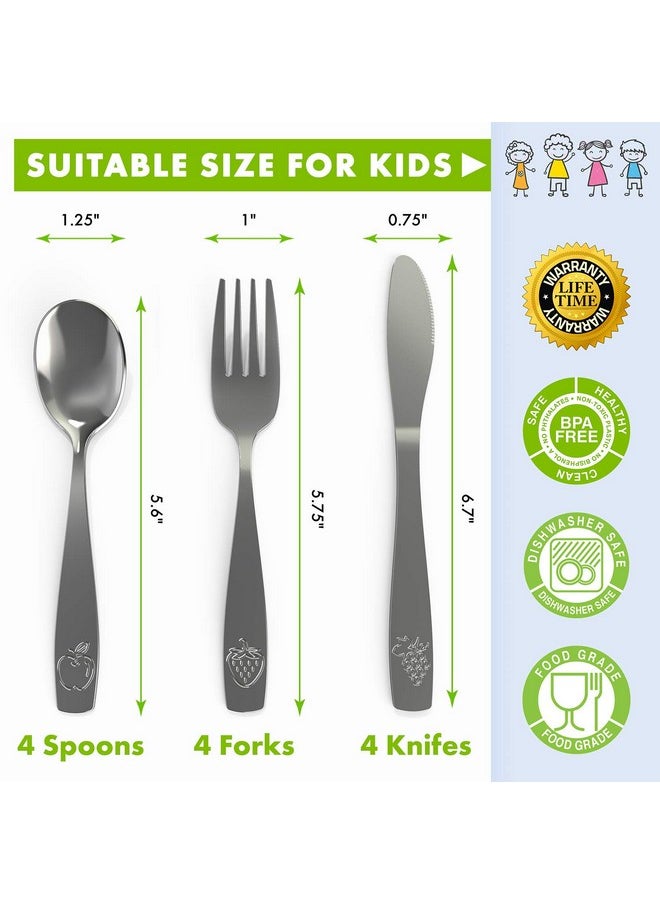 12 Piece Stainless Steel Kids Silverware Set - Child and Toddler Safe Flatware - Kids Utensil Set - Metal Kids Cutlery Set Includes 4 Small Kids Spoons, 4 Forks & 4 Knives