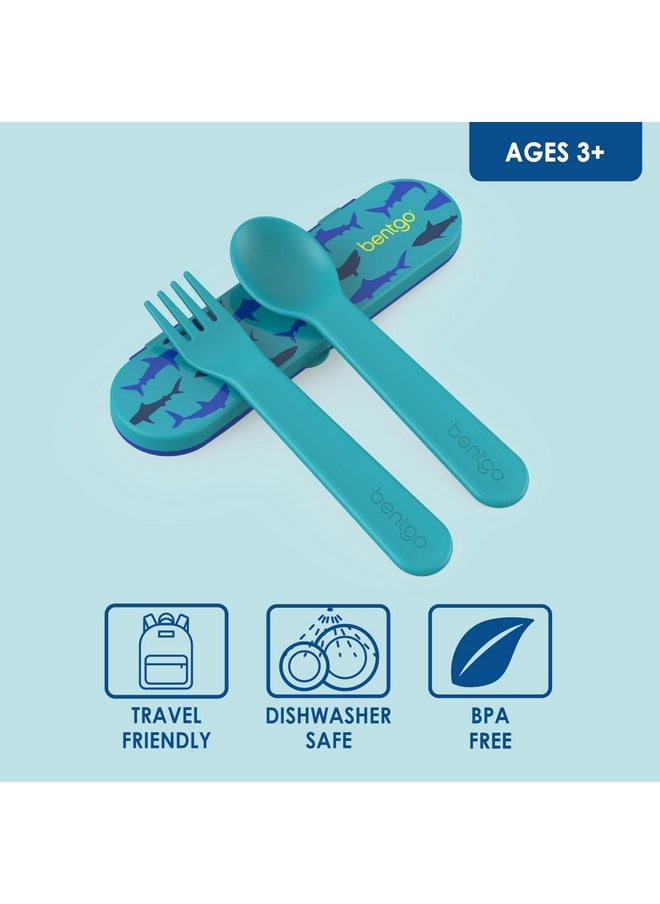 Bentgo Kids Utensil Set - Reusable Plastic Fork, Spoon & Storage Case - BPA-Free Materials, Easy-Grip Handles, Dishwasher Safe - Ideal for School Lunch, Travel, & Outdoors (Shark)