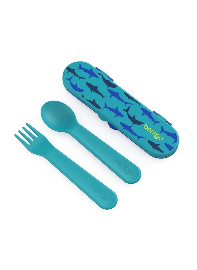 Bentgo Kids Utensil Set - Reusable Plastic Fork, Spoon & Storage Case - BPA-Free Materials, Easy-Grip Handles, Dishwasher Safe - Ideal for School Lunch, Travel, & Outdoors (Shark)