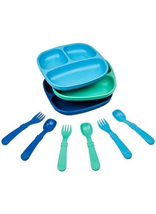 Re-Play Made in USA - 3 Meals a Day Set - 3 Divided Plates, 3 Sets of Utensils - BPA Free, Made from Environmentally Friendly Recycled Milk Jugs - True Blue without Bowls