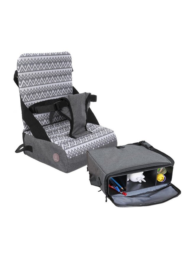 Dreambaby Grab ‘N Go Travel Booster Seat with Built-in Storage Space, Portable Highchair Booster Seat for Tables, High-Back Seat and Foldable for Baby Travel, Secured with a 3-Point Harness, Grey