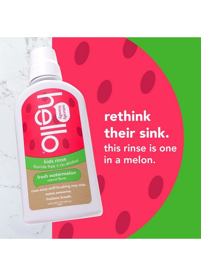 Hello Natural Watermelon Flavor Kids Fluoride Free Rinse, Alcohol Free, Vegan, SLS Free, Mouthwash for Kids Age 6 and Up, 16 Fl Oz (Pack of 3)