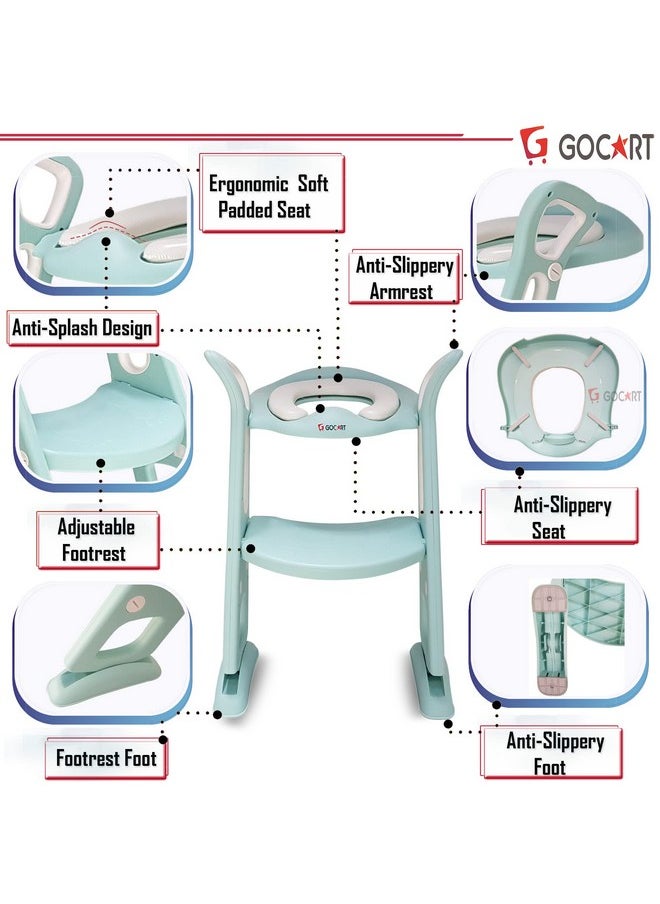 GOCART WITH G LOGO Adjustable Toilet Training Seat with Sturdy Non-Slip Wide Step and Soft Cushion for Baby (Mint Green)