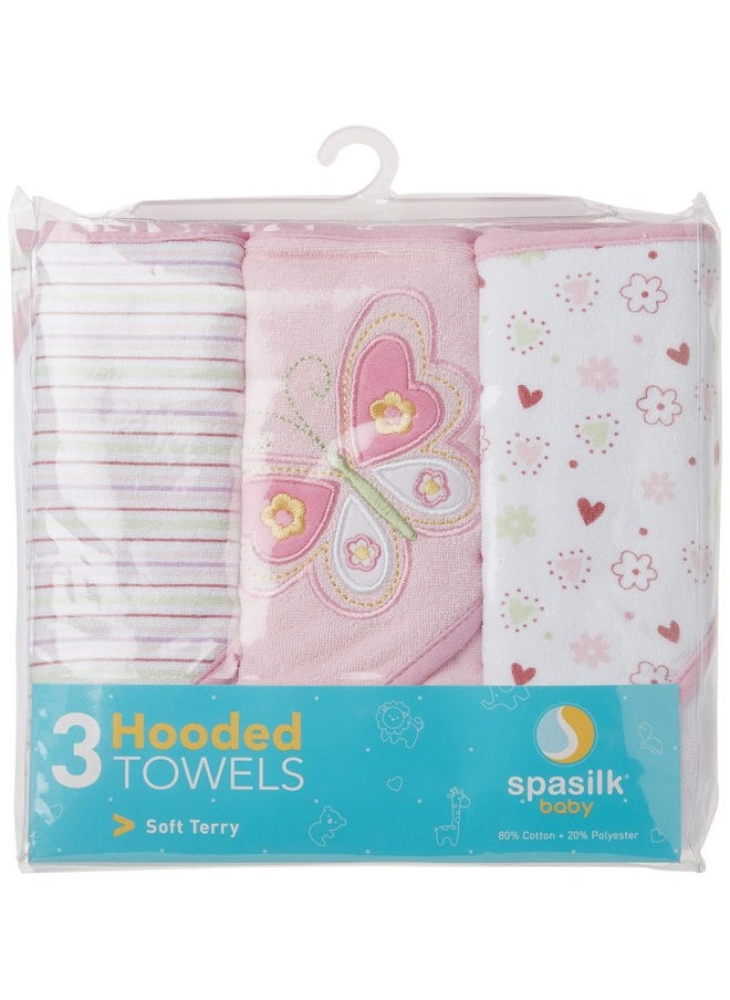 Spasilk Baby 3 Pack Soft Terry Hooded Towel Set for Newborn Boys and Girls, 26x30 Inch, Pink Butterfly, (301-007)