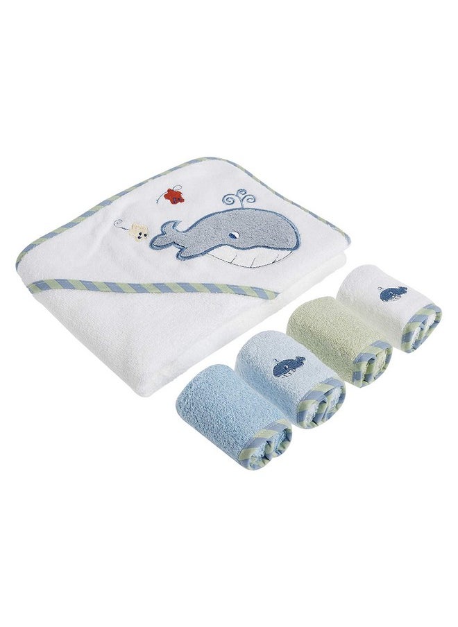 Spasilk Bath Hooded Towels & Washcloths Set for Babies, Hooded Terry Bath Towel & 4 Washcloths, Blue