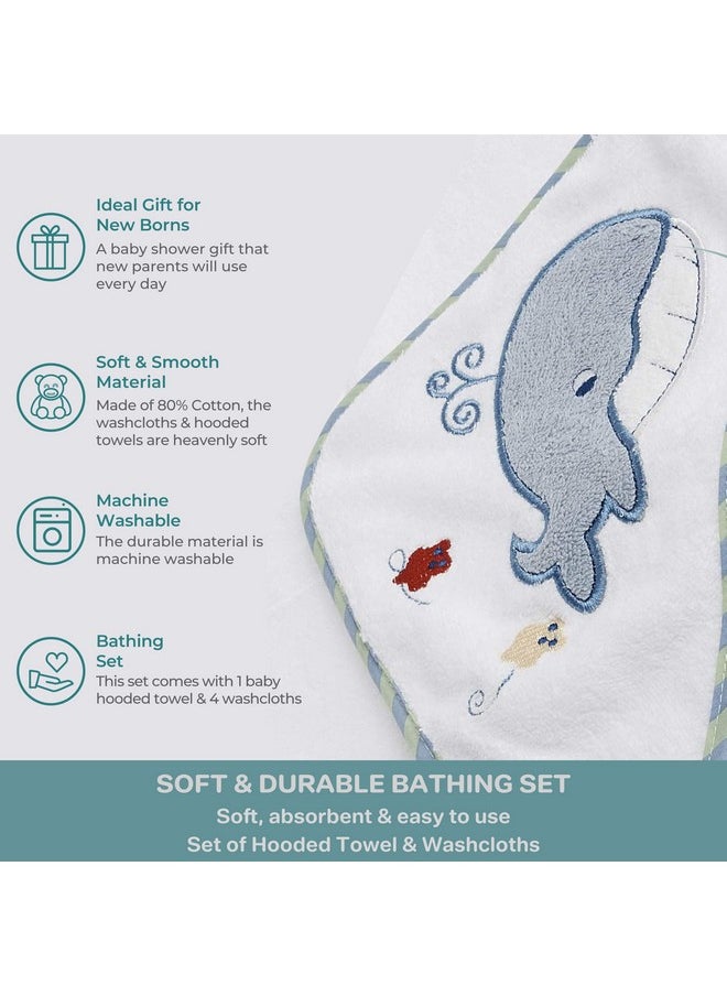 Spasilk Bath Hooded Towels & Washcloths Set for Babies, Hooded Terry Bath Towel & 4 Washcloths, Blue