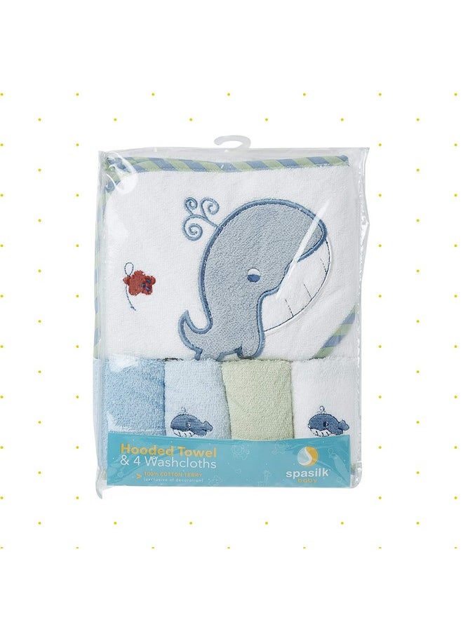 Spasilk Bath Hooded Towels & Washcloths Set for Babies, Hooded Terry Bath Towel & 4 Washcloths, Blue