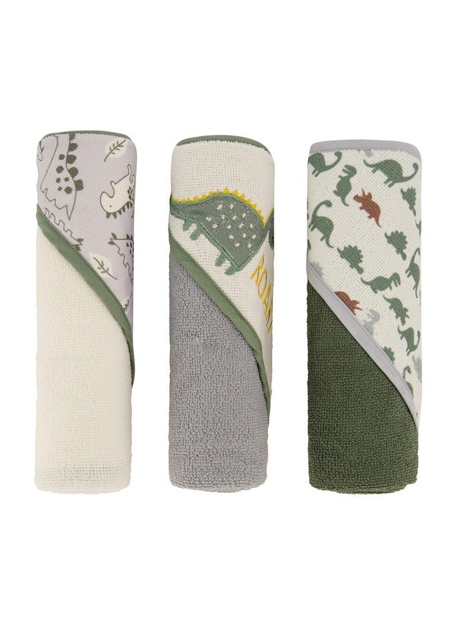 Cudlie Buttons & Stitches Baby Boy 3 Pack Rolled/Carded Hooded Towels in Dino Roar Print (GS71721)