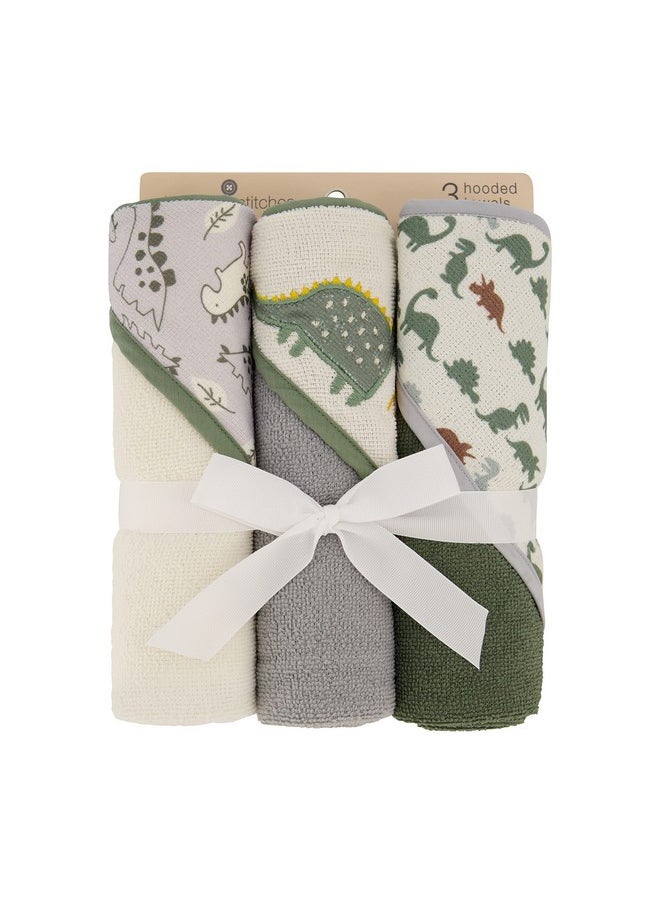 Cudlie Buttons & Stitches Baby Boy 3 Pack Rolled/Carded Hooded Towels in Dino Roar Print (GS71721)