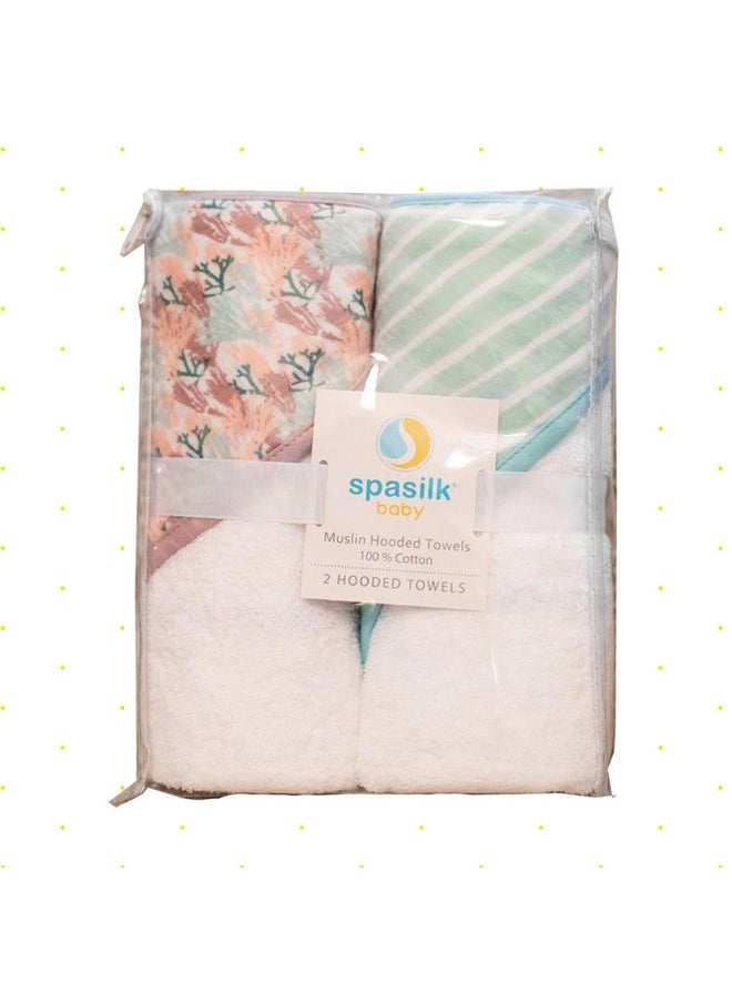 Spasilk Extra Plush Hooded Towel Set for Babies, Soft Terry with Muslin Printed Hood, Pack of 2, Pink Corals