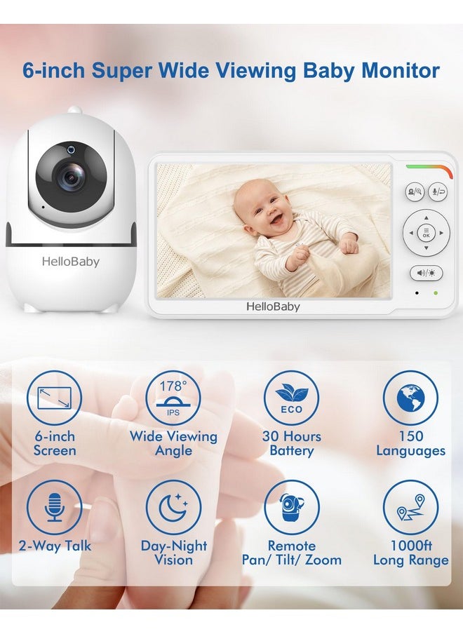 HelloBaby Baby Monitor with Camera and Audio, 6'' World First IPS Screen Baby Camera Monitor No WiFi, 30-Hrs Battery, ECO, VOX, 2-Way Talk, Night Vision, 1000ft, Video Baby Monitor Portable