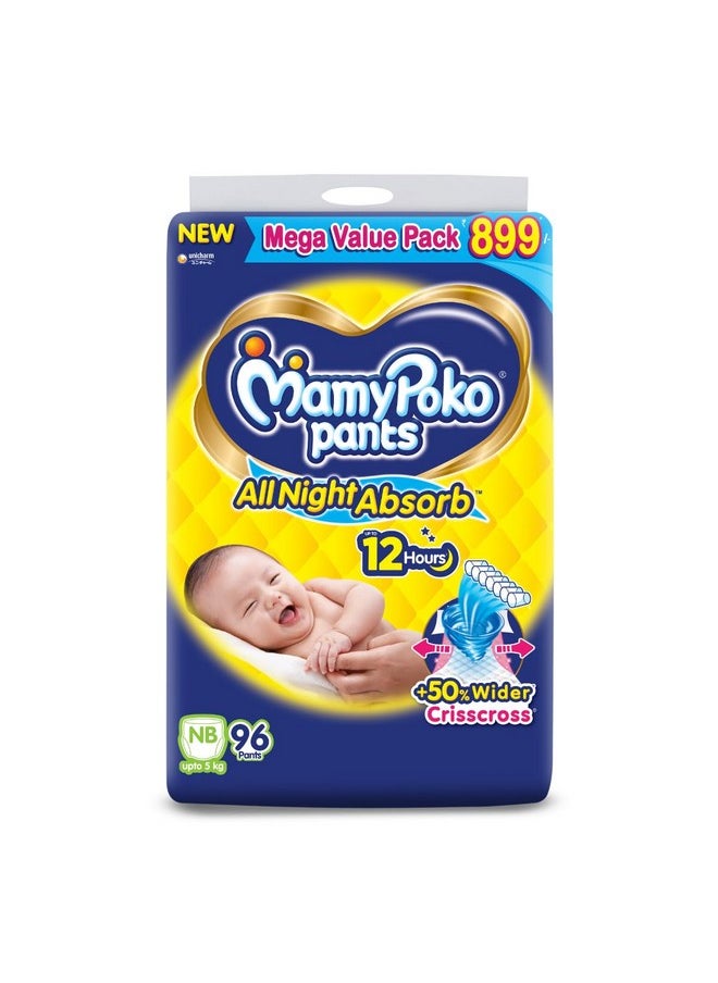 Pants All Night Absorb Baby Diapers, New Born/X-Small (Nb/Xs), 96 Count, Upto 5Kg