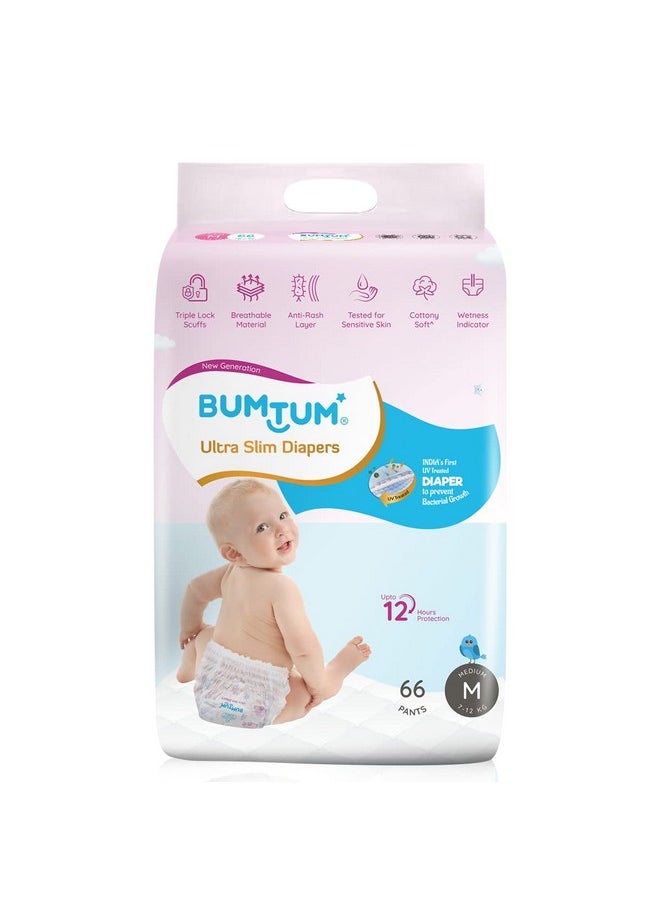 Ultra Slim Medium Baby Diaper Pants,66 Count, For Sensitive Skin, 12 Hrs Protection,Cottony Soft Anti-Rash Layer, Wetness Indicator (Pack Of 1)