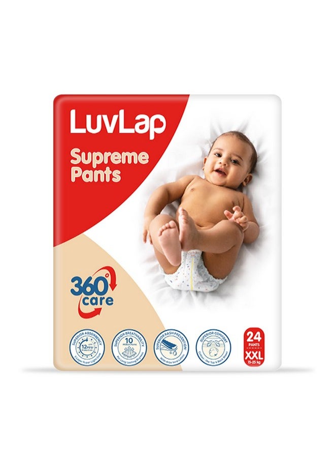 LuvLap Supreme Diaper Pants XXL, 15-25kg, 24Pc, 360° skin care with 10 million breathable pores, Aloe Vera for superior Rash prevention, upto 12hr protection, 5 layer super light core