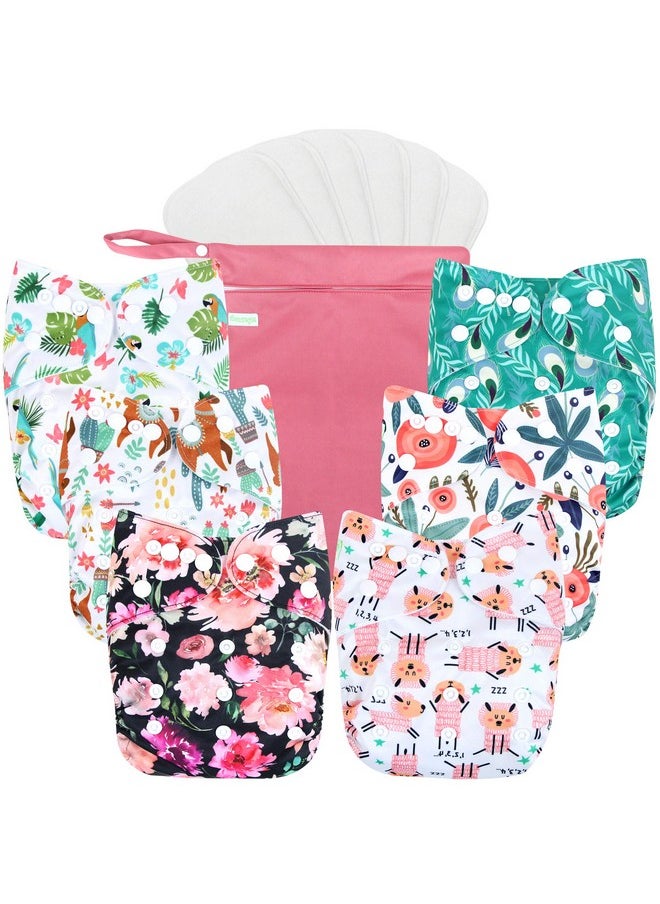 wegreeco Cloth Diapers 6 Pack with 6 Inserts & 1 Wet Bag, Washable Cloth Diapers for Babies, One Size Adjustable Reusable Diapers Baby (Flower)