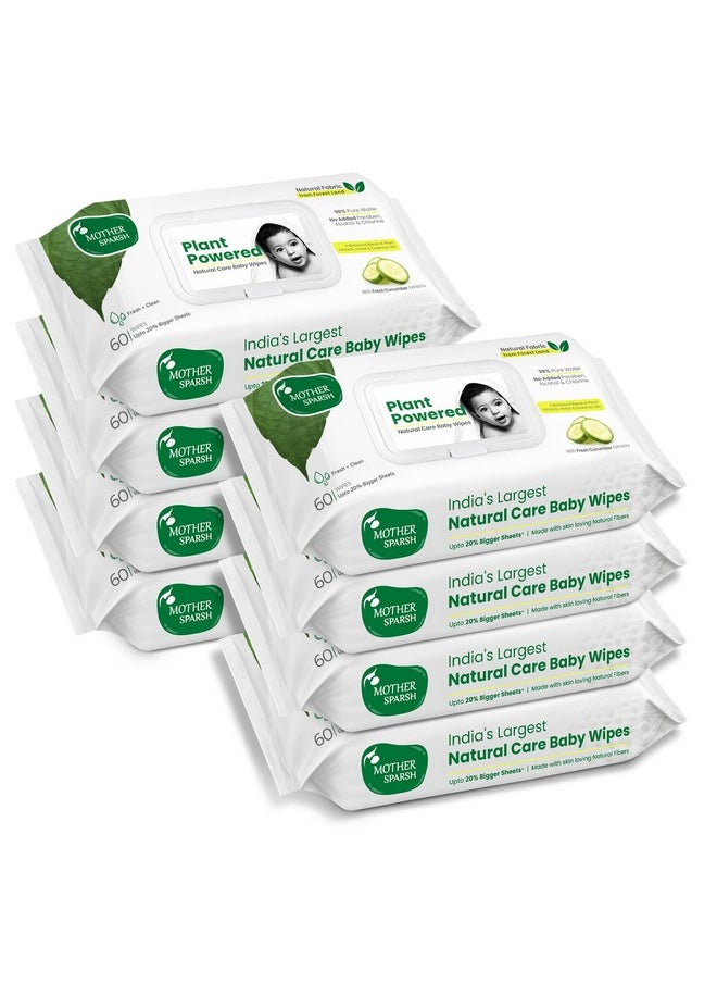 Mother Sparsh Natural Care Baby Wipes 60 Pcs (Pack of 8) I 100% Plant Made Fabric From Forest Land | Fresh+Cleanse (with Cucumber) Plant Powered Wet Wipes For Baby I Cotton Cloth Like Bigger Sheets