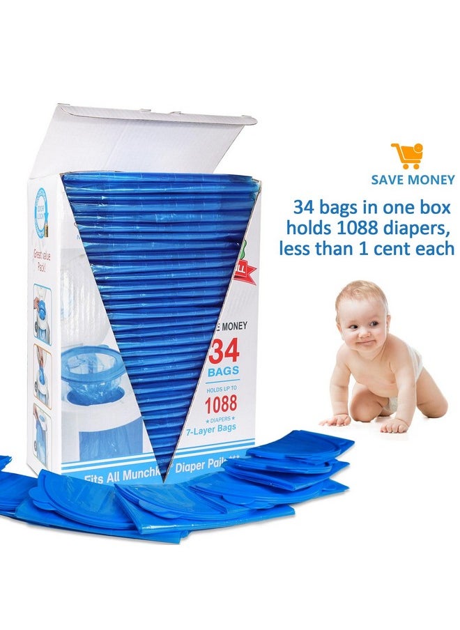 Diaper Pail Refill Bags 34 Bags 1088 Counts Compatible with Arm&Hammer Disposal System, 100% Lock Odor, Seal and Toss Diaper Pail Refills