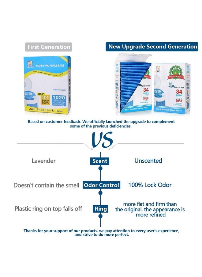 Diaper Pail Refill Bags 34 Bags 1088 Counts Compatible with Arm&Hammer Disposal System, 100% Lock Odor, Seal and Toss Diaper Pail Refills