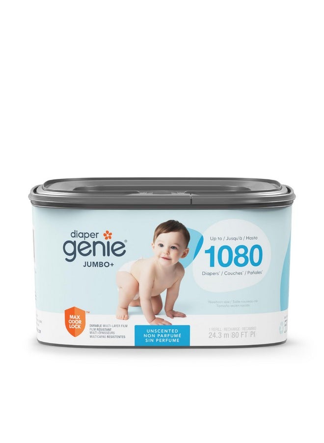 The Diaper Genie Jumbo+ Square Refill, with continuous film, can hold up to 1080 newborn-sized diapers per refill.