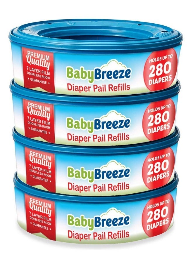 BabyBreeze Diaper Pail Refill Bags Compatible with Playtex Diaper Genie Pails Odor Absorbing Diaper Disposal Trash Bags - 1120 Count (4-Pack)