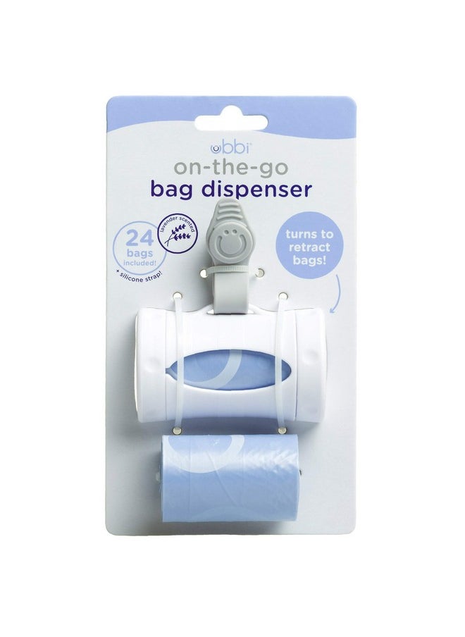 Ubbi Retractable On the Go Bag Dispenser for Baby Travel, Diaper Bag Accessory Must Have for Newborn, Helpful Baby Item, Baby Gift, Lavender Scented, White