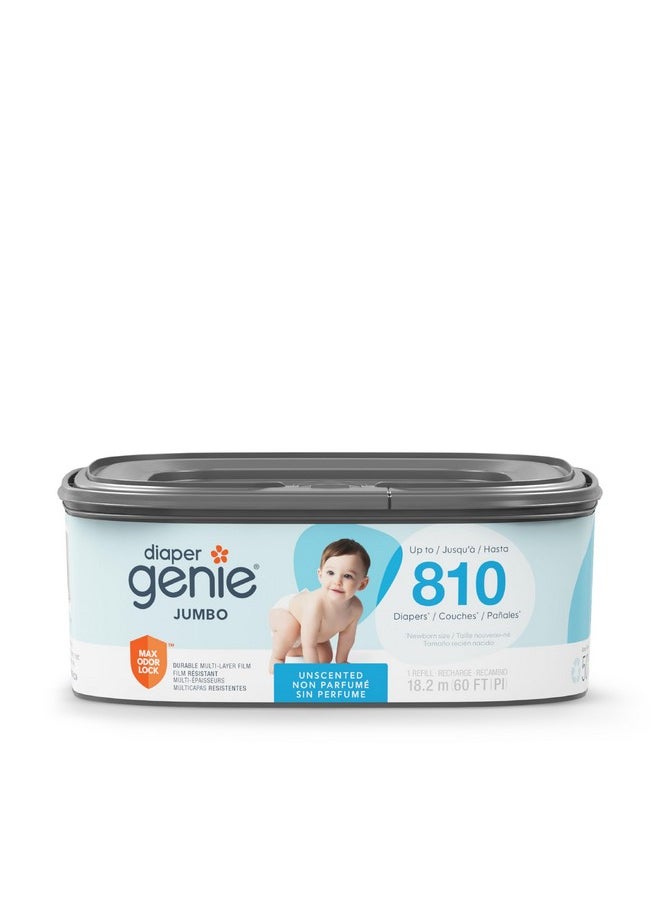 The Diaper Genie Jumbo Square Refill, with Continuous Film, can Hold up to 810 Newborn-Sized Diapers per Refill.