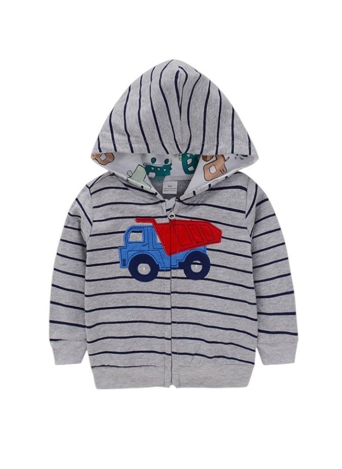 Bambimici Vehicle Print Striped Hoodie- Grey