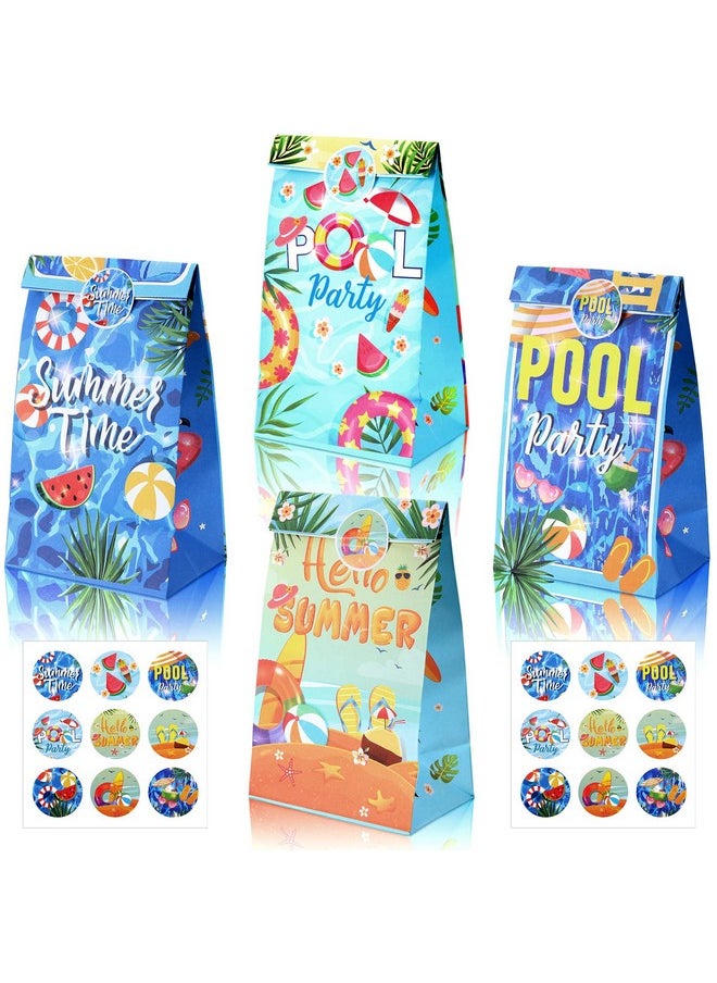 24 Pcs Summer Pool Party Bags, Beach Ball Goody Favor Gift Bags Summer Pool Candy Treat Bags with 36 Pcs Stickers, Swimming Pool Party Supplies for Hawaiian Luau Party Favors Summer Holiday Decoration