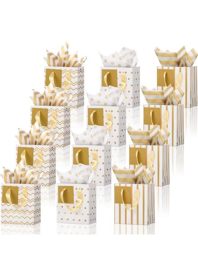 Tenare 12 Pcs Small Gift Bags Mini Metallic Paper Bag with Handle Tissue Christmas Thanksgiving Birthday Party Favor(White Gold,4 x 2.75 x 4.5 Inch)