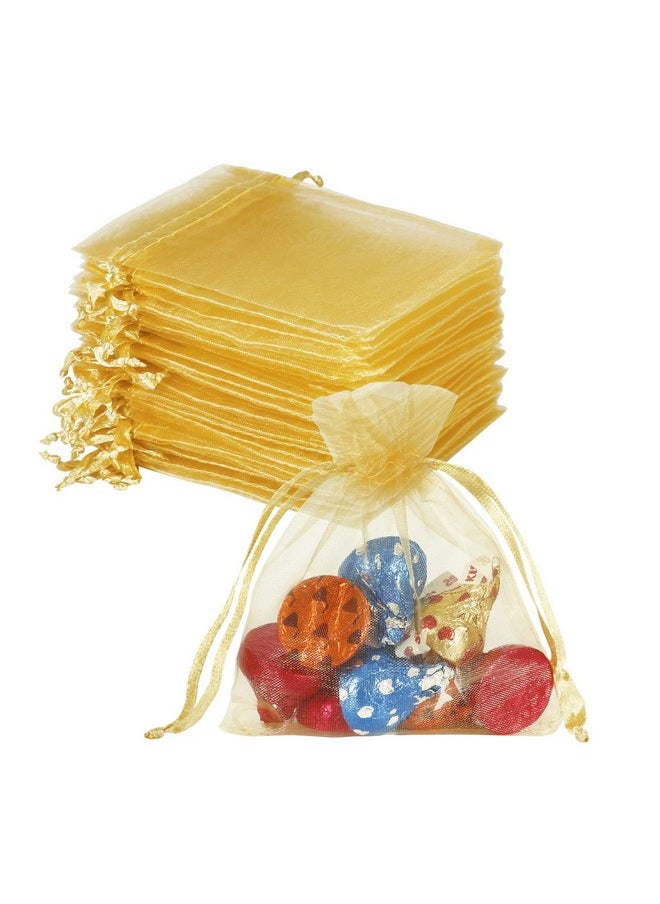 HRX Package 100pcs Little Gold Organza Bags 3 x 4 inch, Mesh Jewelry Pouches Drawstring Empty Sachets for Bracelets Candy Small Gift