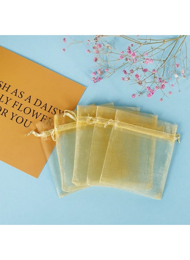 HRX Package 100pcs Little Gold Organza Bags 3 x 4 inch, Mesh Jewelry Pouches Drawstring Empty Sachets for Bracelets Candy Small Gift