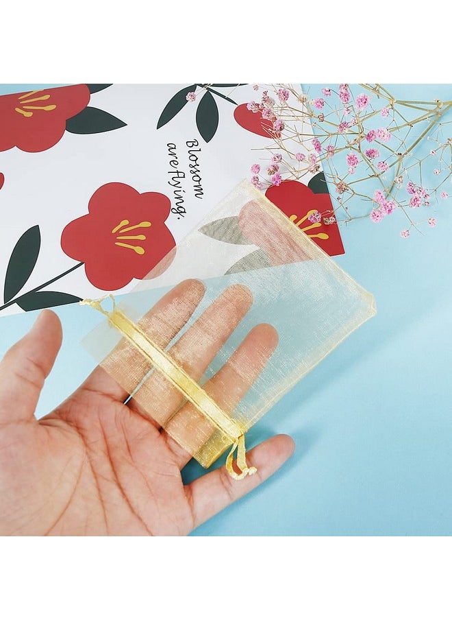 HRX Package 100pcs Little Gold Organza Bags 3 x 4 inch, Mesh Jewelry Pouches Drawstring Empty Sachets for Bracelets Candy Small Gift